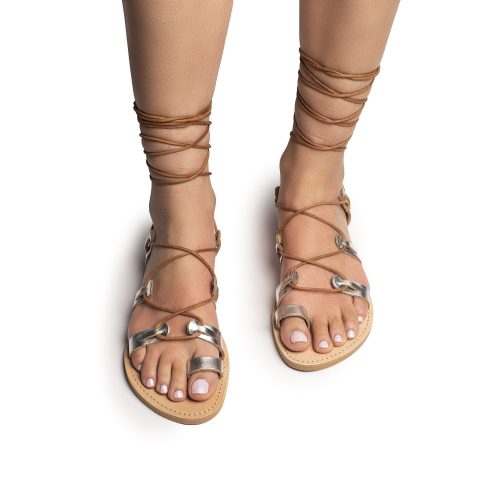 γυναικείο δερμάτινο σανδάλι lace up ''aphrodisiac'' ασημί
