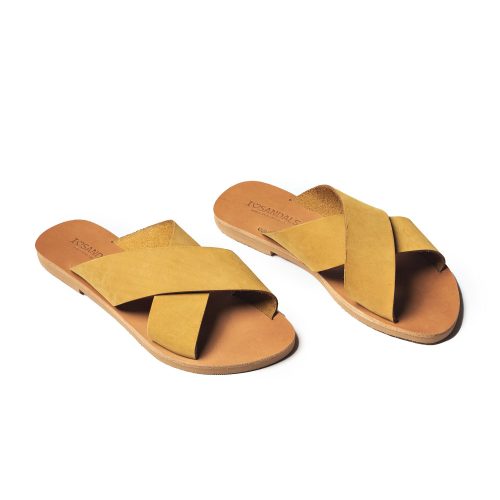 Corfu Sandals Women's flat leather sandals "Hestia" mustard nubuck